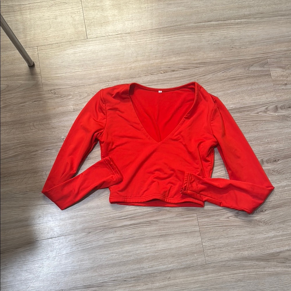Red V-Neck Long Sleeve Top